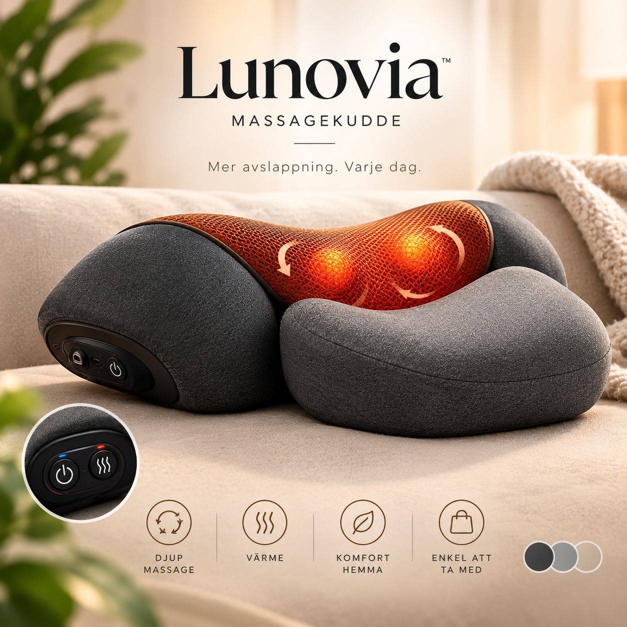 Lunovia massagekudde i mörkgrått med värmande massagenoder, på en beige soffa