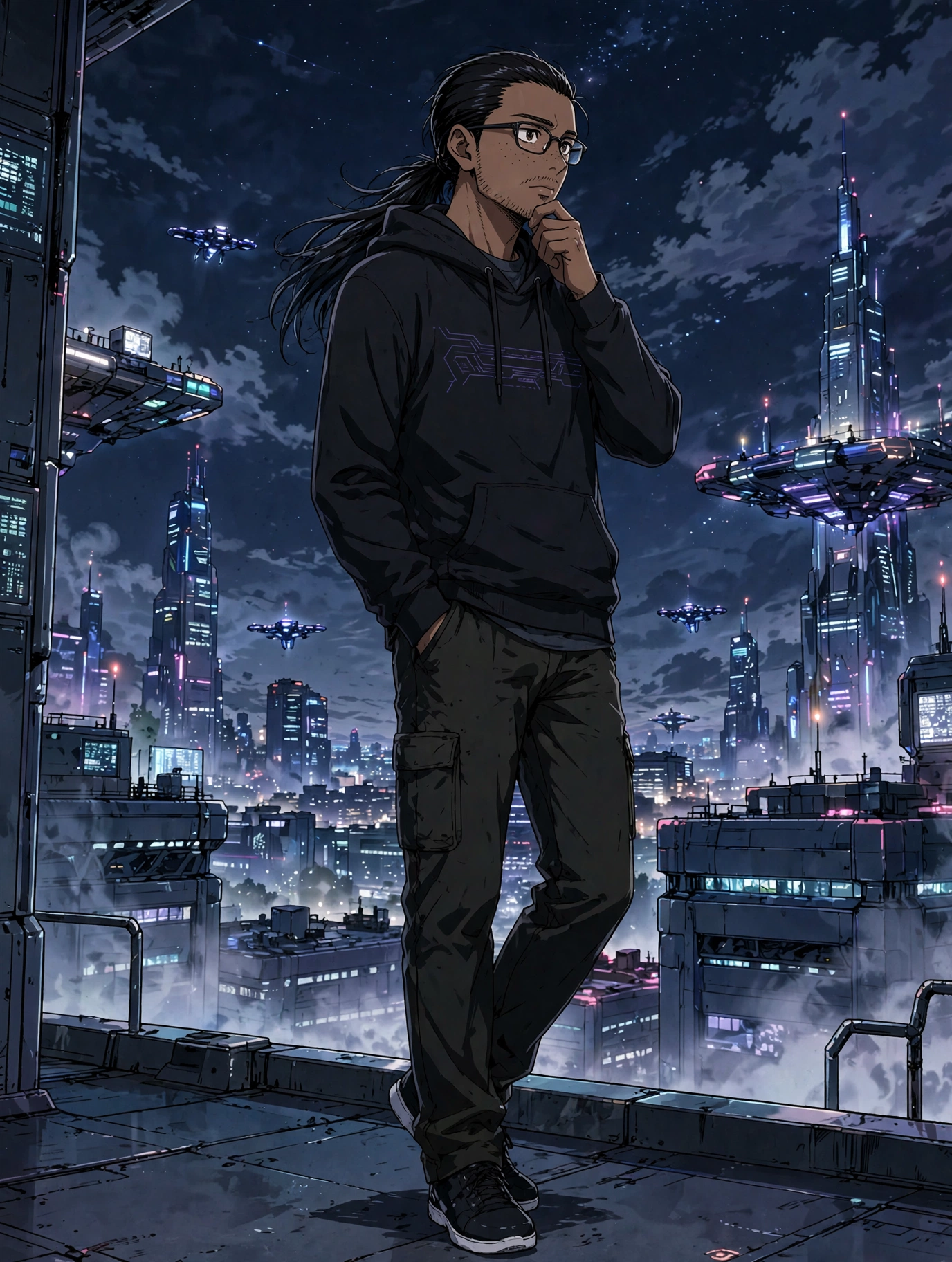Io: young Black man with a ponytail, glasses, stubble and a hoodie, slouching