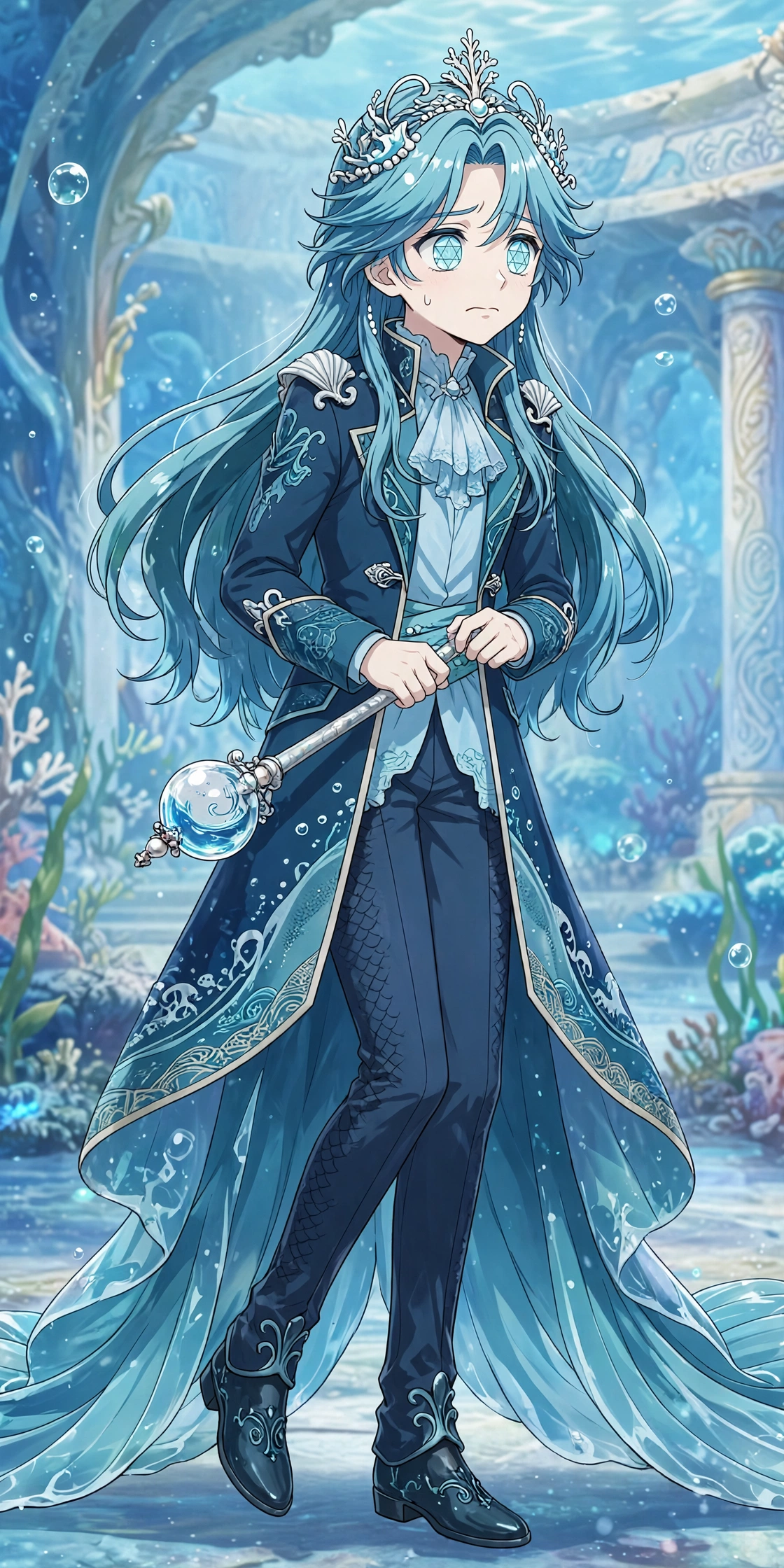 The Water King: nervous long-haired young ruler with a coral crown and orb sceptre