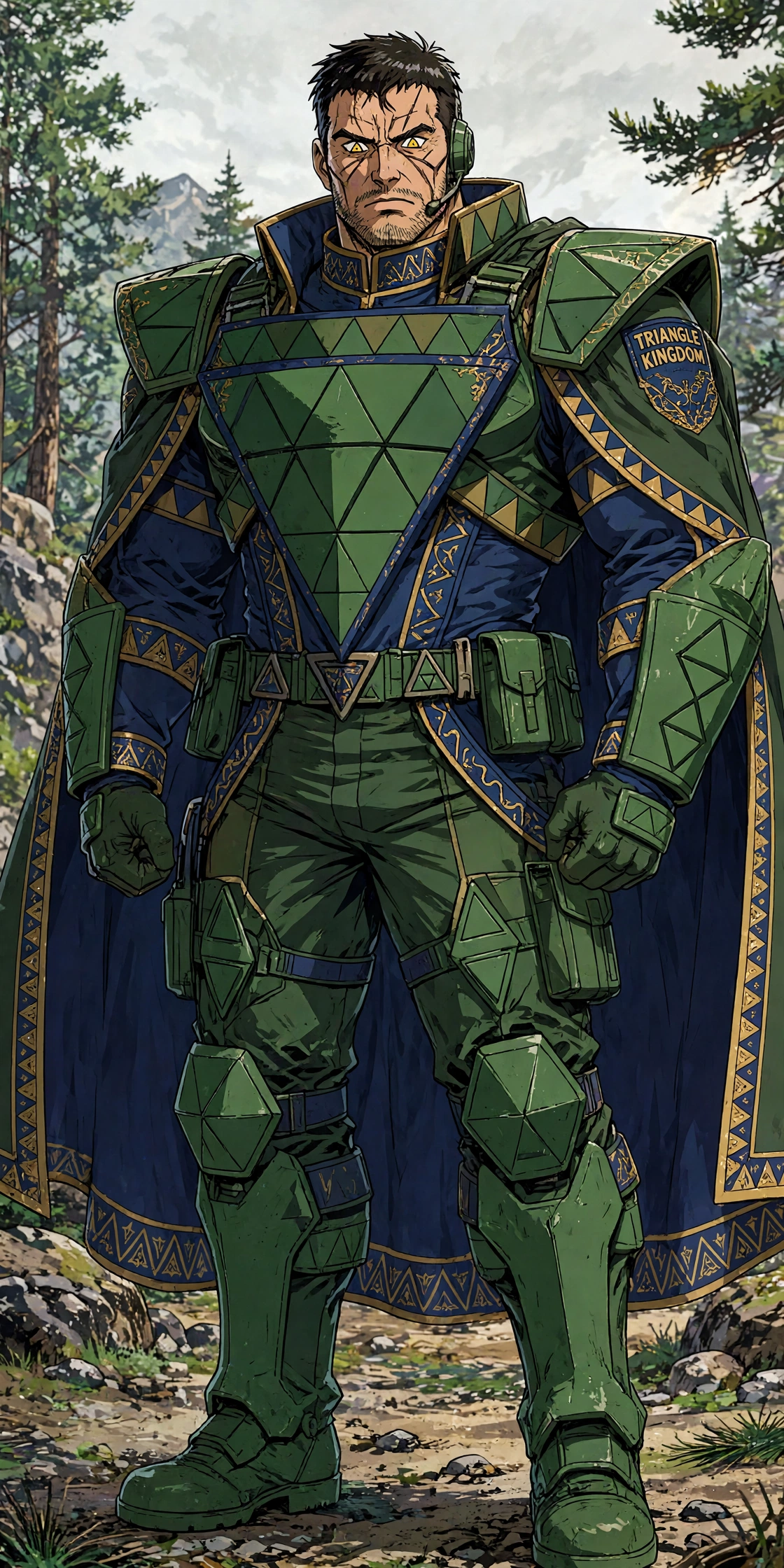 Sergeant Trigon in forest-green triangular armor over a navy and gold undercoat