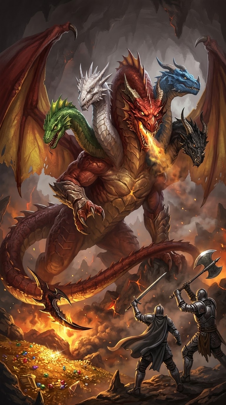 Five-headed chromatic dragon over a treasure hoard facing two armored knights