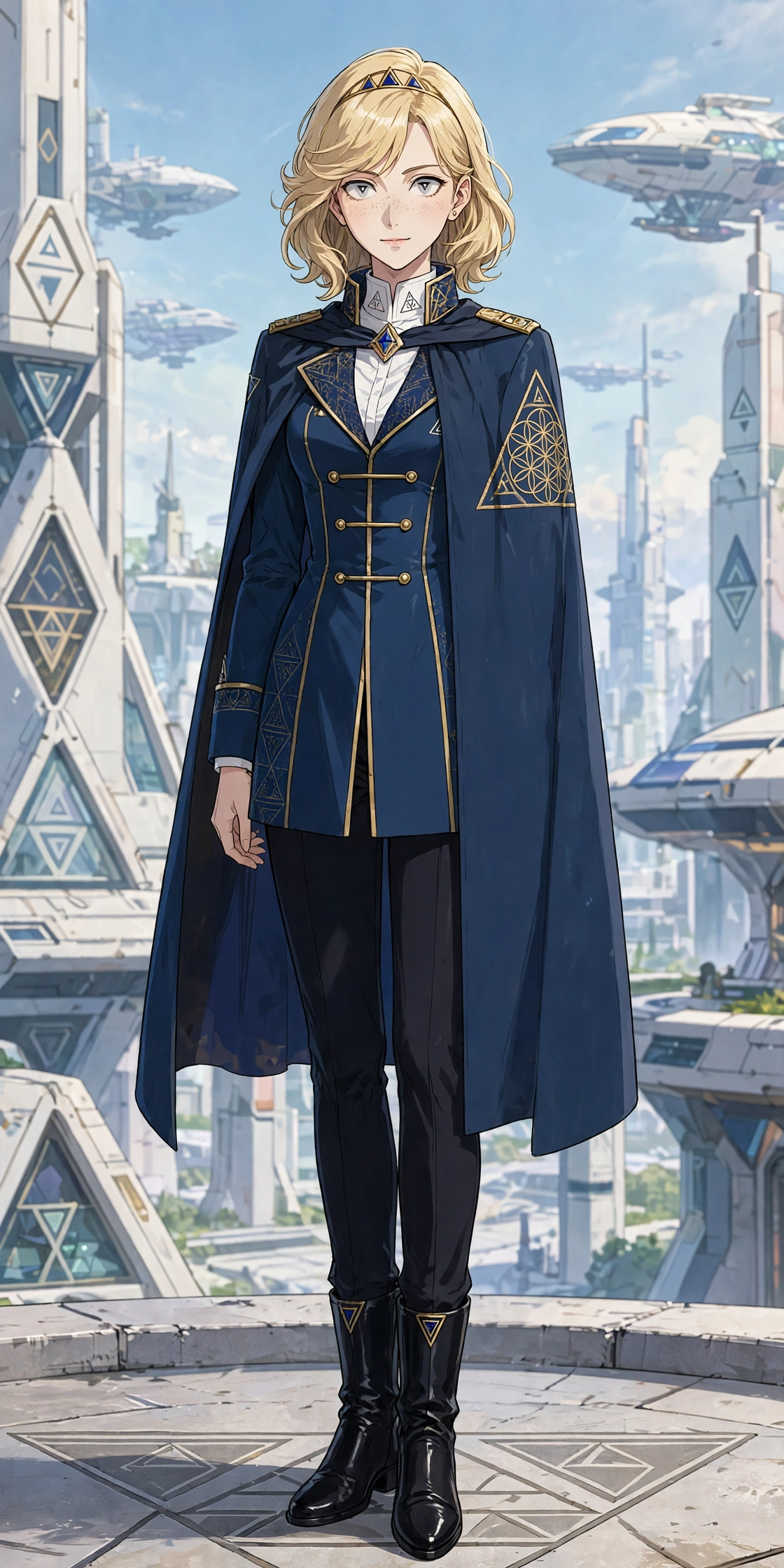 Princess Pyra in a navy and gold court coat with cape and crest