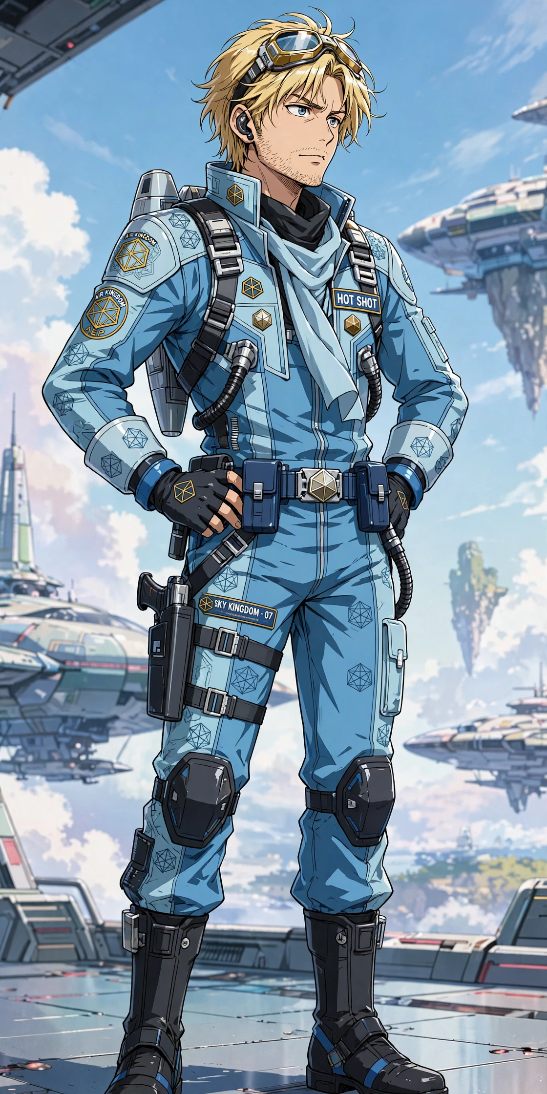 The Hot Shot: blonde flyboy in a sky-blue suit with octahedron insignia
