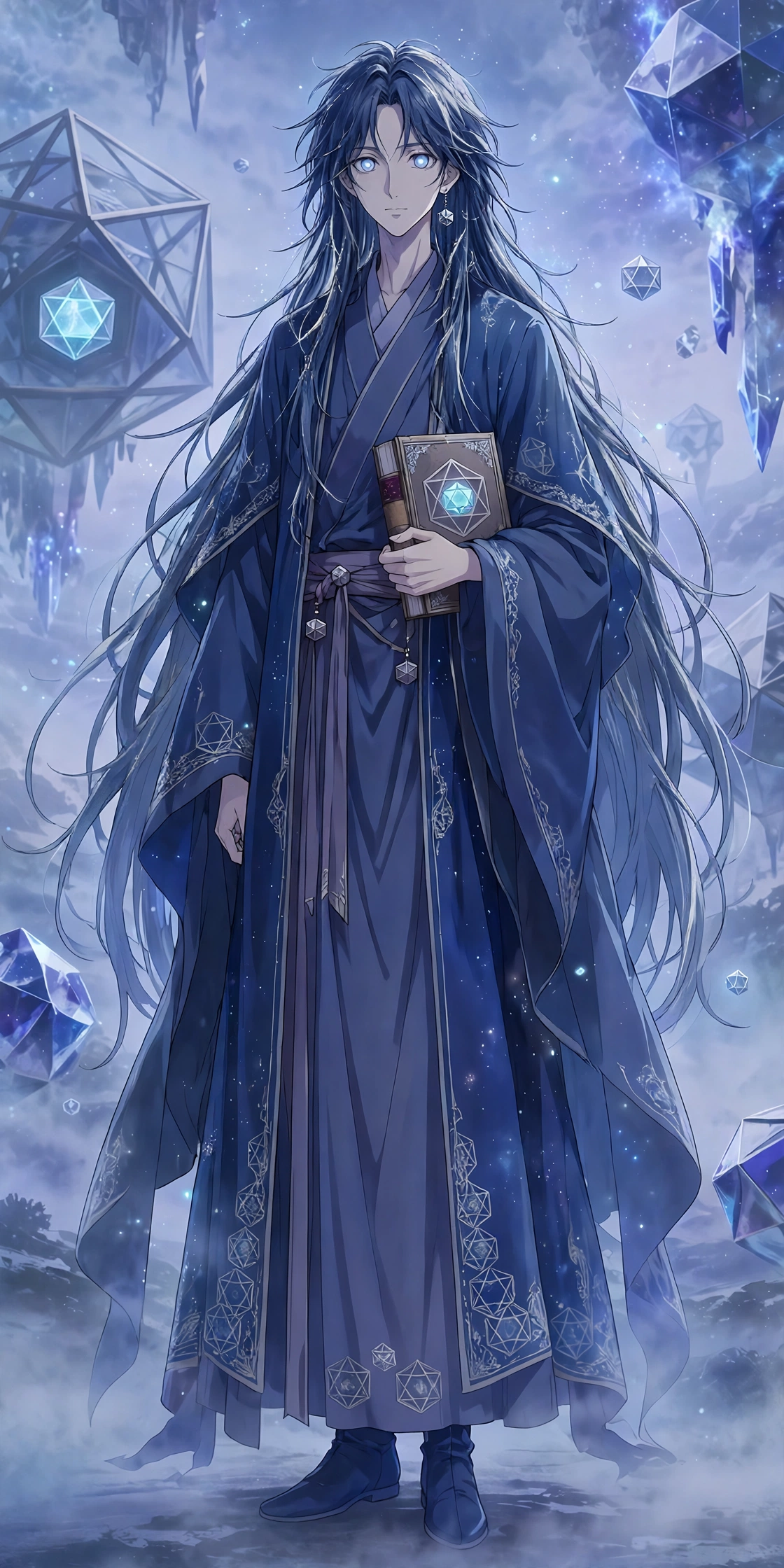 The Ether: long-haired robed figure holding a book among floating crystal solids