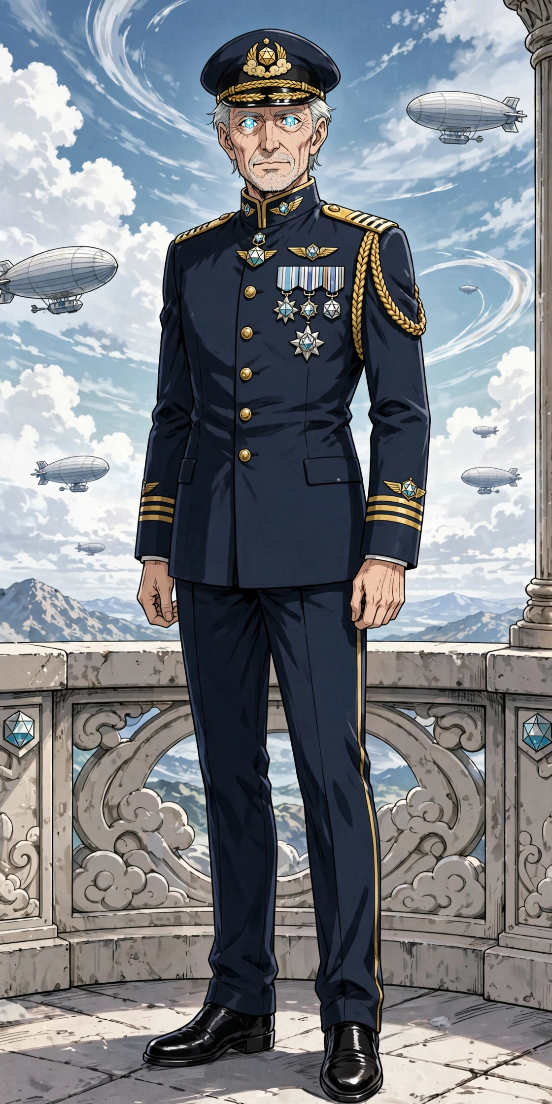 Aragai: older air-force commander in navy dress uniform with octahedron medals